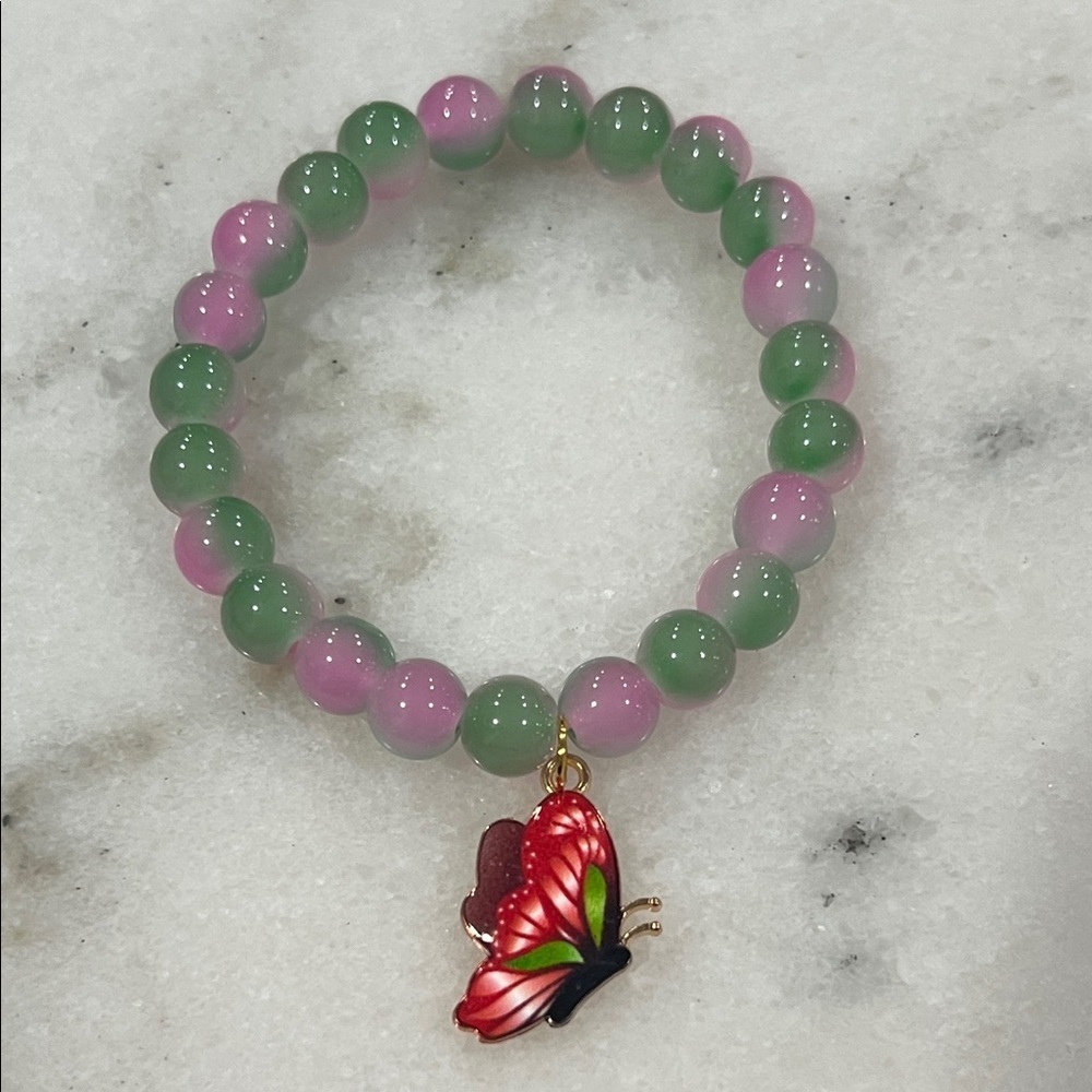 Pink and Green Beaded Bracelet with Butterfly Charm